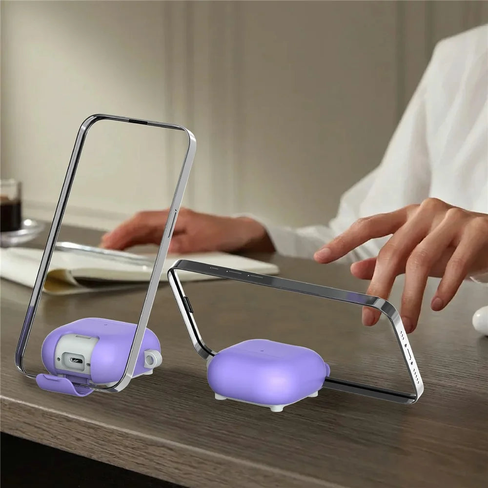 For AirPods 4 Case Foldable Stand TPU PC Magnetic Earbuds Cover with Carabiner - Purple - 3