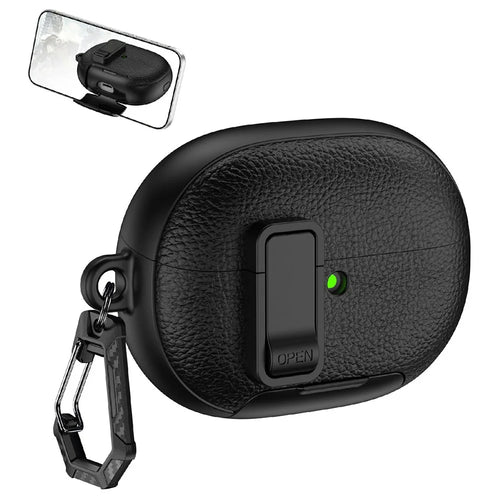 For Huawei FreeBuds Pro 5 Protective Case with Stand Litchi Texture TPU + PC Earphone Cover with Lock and Carabiner - Black - 1