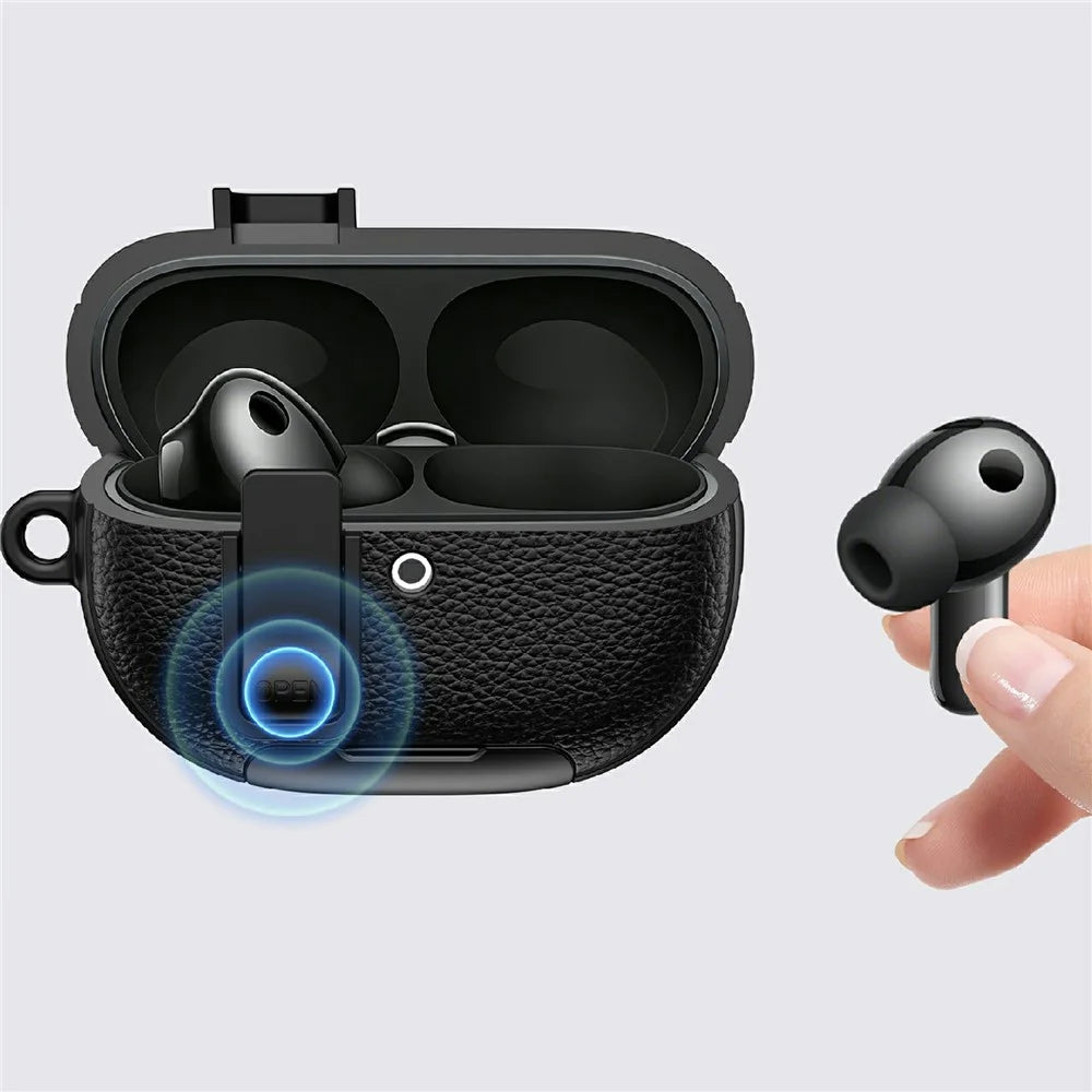 For Huawei FreeBuds Pro 5 Protective Case with Stand Litchi Texture TPU + PC Earphone Cover with Lock and Carabiner - Black - 4