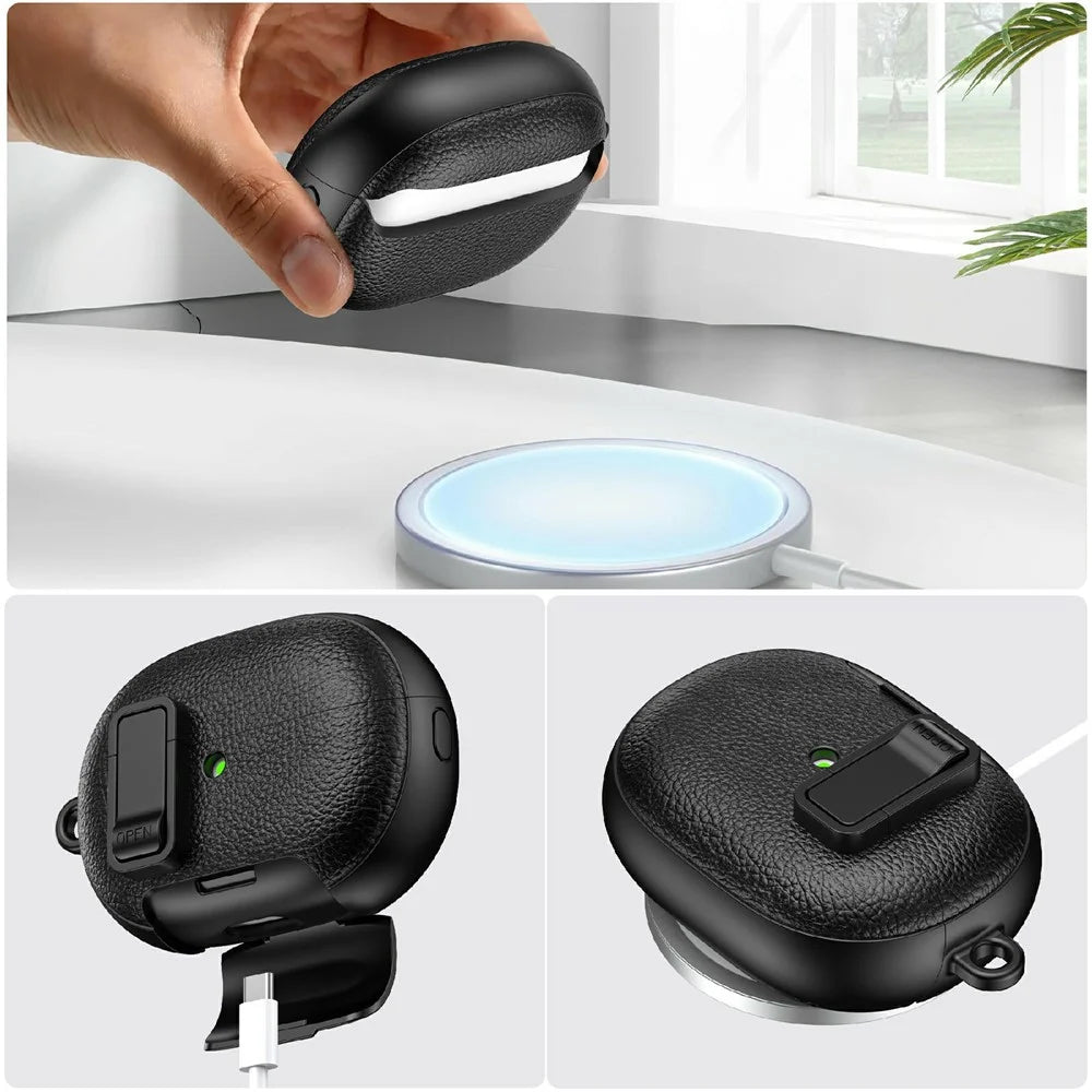 For Huawei FreeBuds Pro 5 Protective Case with Stand Litchi Texture TPU + PC Earphone Cover with Lock and Carabiner - Black - 5
