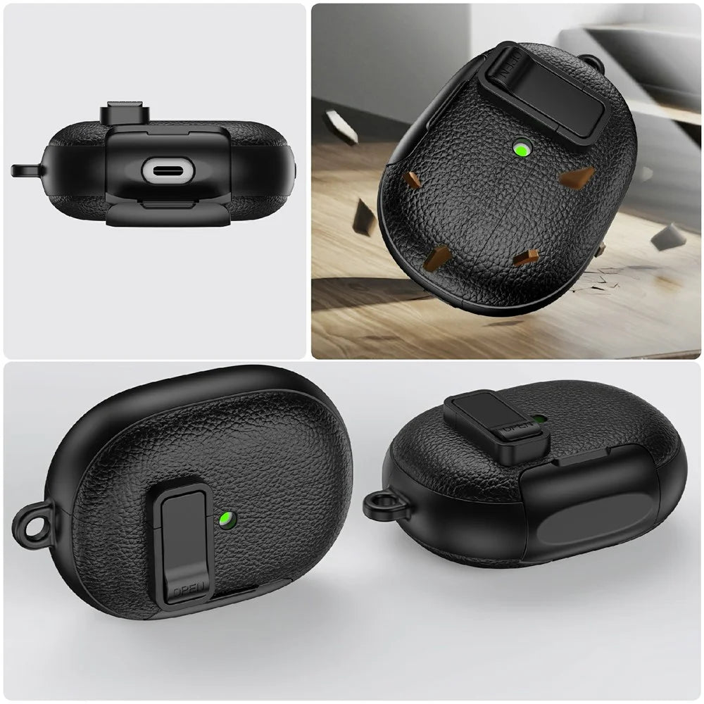 For Huawei FreeBuds Pro 5 Protective Case with Stand Litchi Texture TPU + PC Earphone Cover with Lock and Carabiner - Black - 6