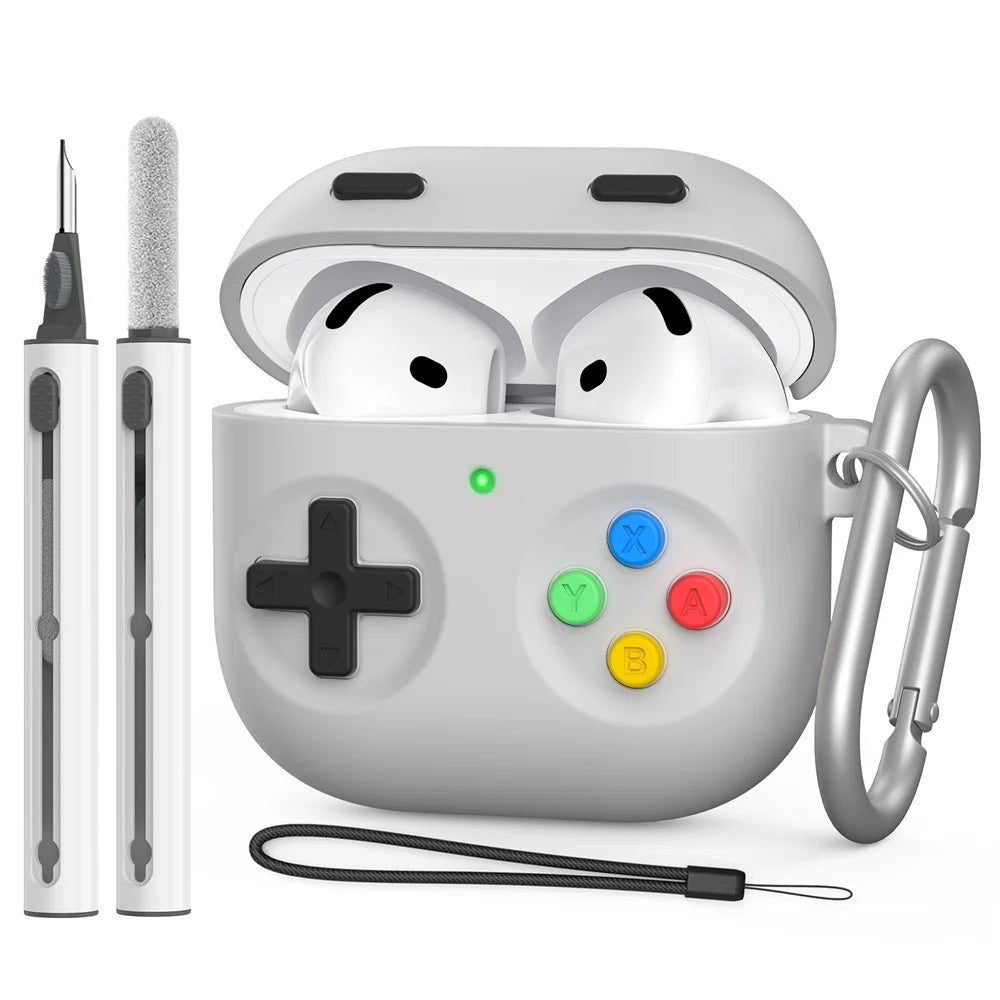 AHASTYLE DD10 For AirPods 4 Silicone Case Game Controller Design Protective Cover with Cleaning Pen  /  Carabiner  /  Lanyard - Light Grey - 1