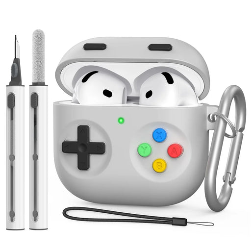 AHASTYLE DD10 For AirPods 4 Silicone Case Game Controller Design Protective Cover with Cleaning Pen  /  Carabiner  /  Lanyard - Light Grey - 1