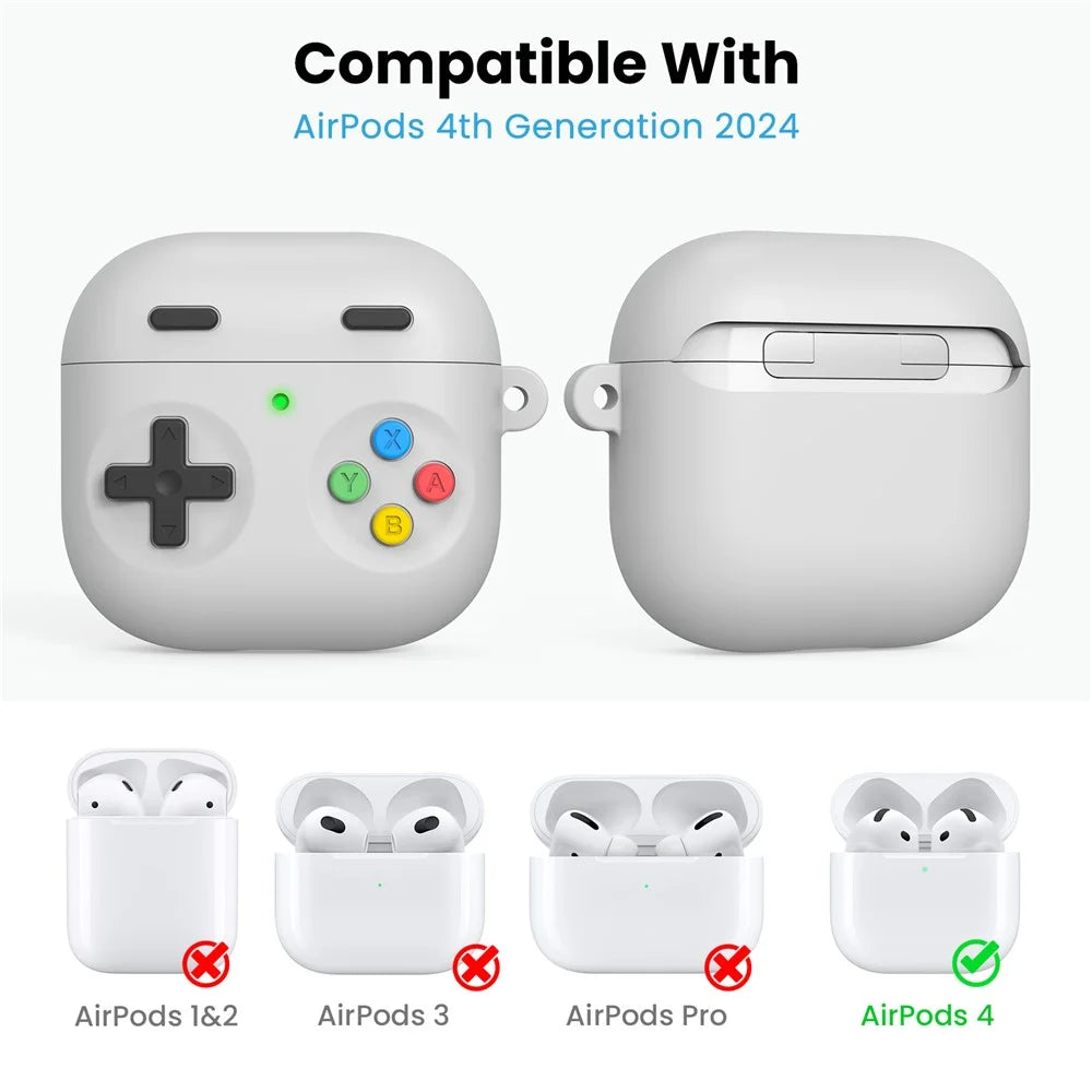AHASTYLE DD10 For AirPods 4 Silicone Case Game Controller Design Protective Cover with Cleaning Pen  /  Carabiner  /  Lanyard - Light Grey - 2
