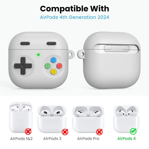 AHASTYLE DD10 For AirPods 4 Silicone Case Game Controller Design Protective Cover with Cleaning Pen  /  Carabiner  /  Lanyard - Light Grey - 2