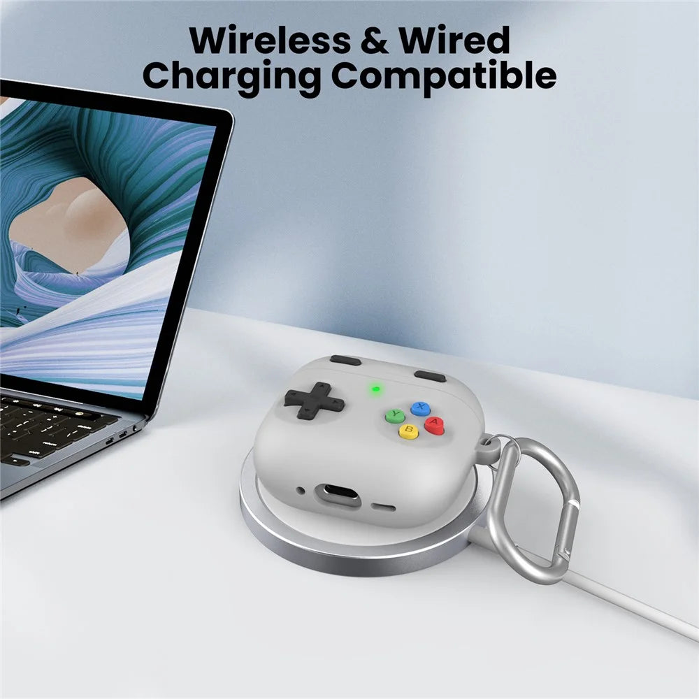 AHASTYLE DD10 For AirPods 4 Silicone Case Game Controller Design Protective Cover with Cleaning Pen  /  Carabiner  /  Lanyard - Light Grey - 5