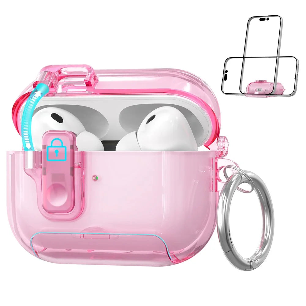 AHASTYLE WG191-Pro 3 For AirPods Pro 3 Case TPU Protective Cover with Phone Stand  /  Safety Lock  /  Hanging Clip - Transparent Pink - 1