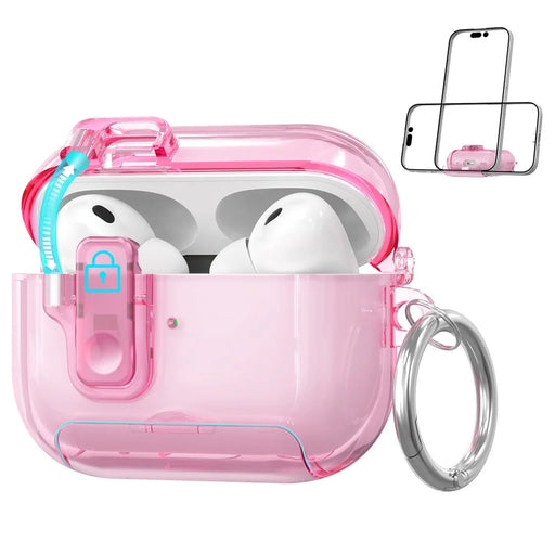 AHASTYLE WG191-Pro 3 For AirPods Pro 3 Case TPU Protective Cover with Phone Stand  /  Safety Lock  /  Hanging Clip - Transparent Pink - 1