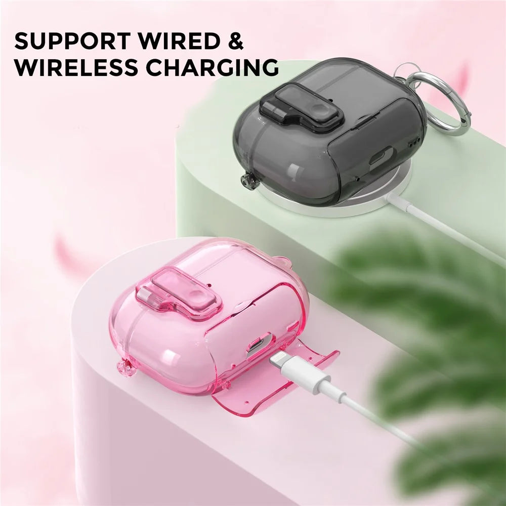 AHASTYLE WG191-Pro 3 For AirPods Pro 3 Case TPU Protective Cover with Phone Stand  /  Safety Lock  /  Hanging Clip - Transparent Pink - 4