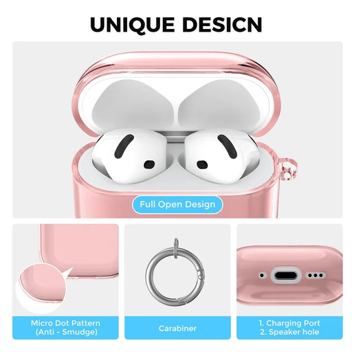 AHASTYLE WG164 For AirPods 4 TPU Case Full Open Design Anti Yellow Protective Cover with Carabiner - Transparent Pink - 2