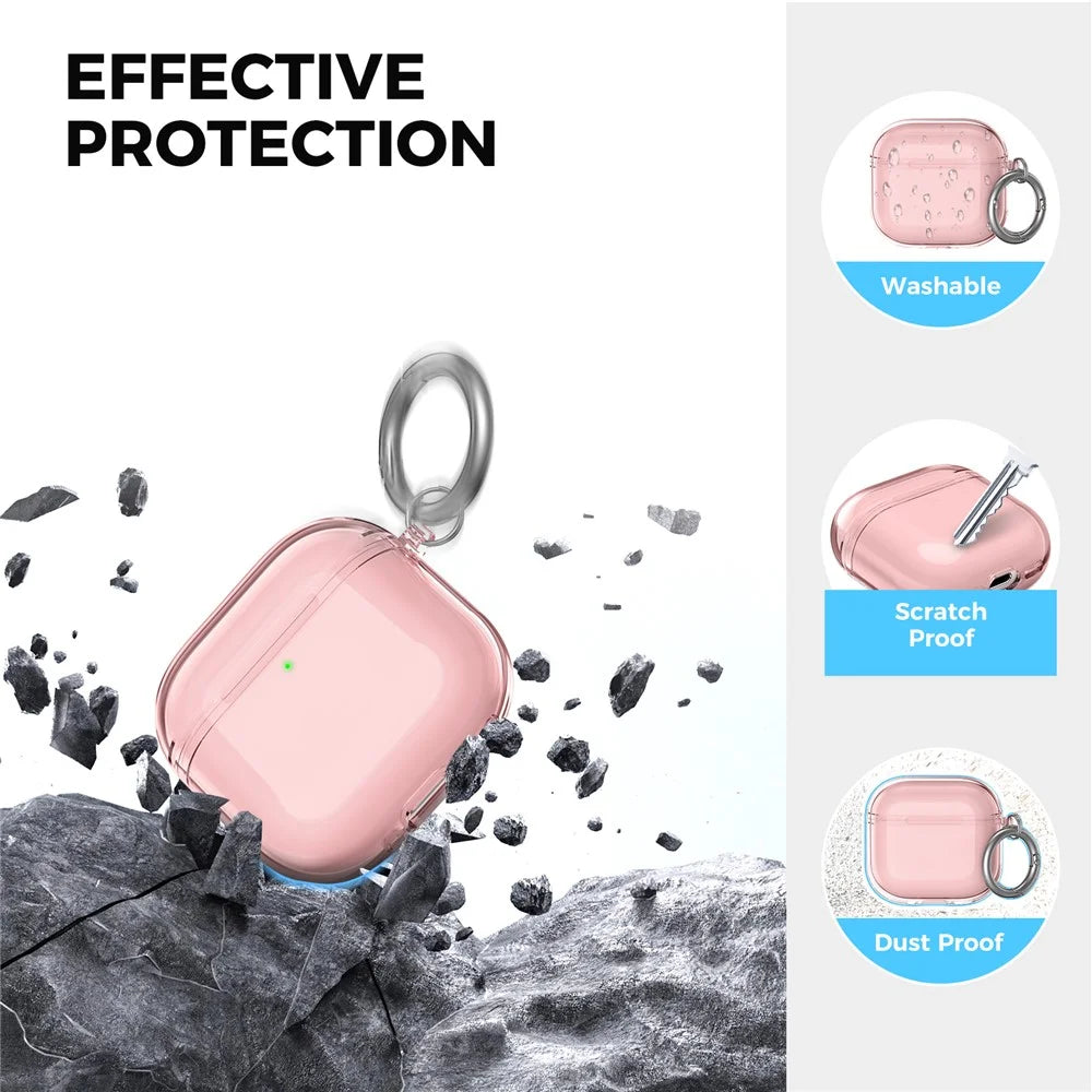 AHASTYLE WG164 For AirPods 4 TPU Case Full Open Design Anti Yellow Protective Cover with Carabiner - Transparent Pink - 4