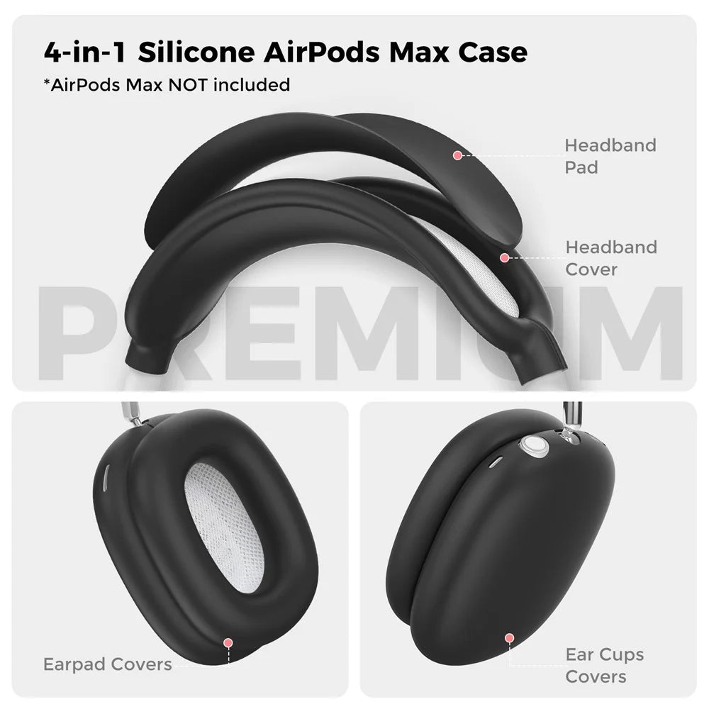 AHASTYLE WG135 For AirPods Max 4 in 1 Silicone Case Set Headband Pad Headband Cover Earpad Covers Ear Cups Covers - Black - 2