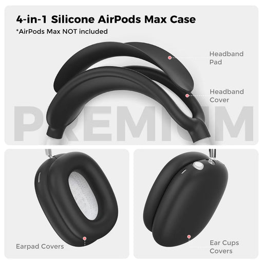 AHASTYLE WG135 For AirPods Max 4 in 1 Silicone Case Set Headband Pad Headband Cover Earpad Covers Ear Cups Covers - Black - 2