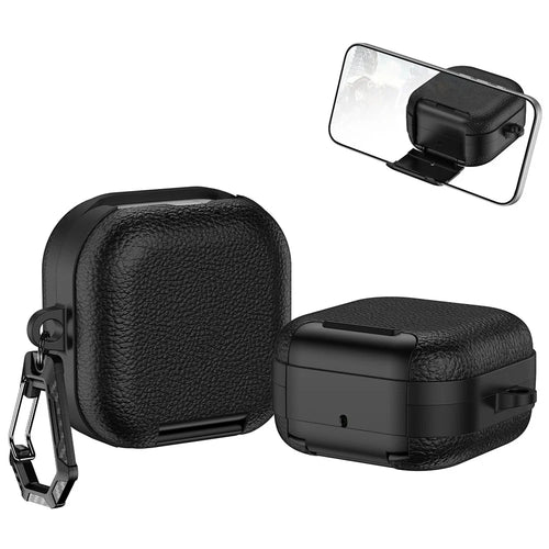 For Samsung Galaxy Buds4  /  Buds4 Pro Protective Case with Stand Litchi Texture TPU + PC Earphone Cover with Lock and Carabiner - Black - 1