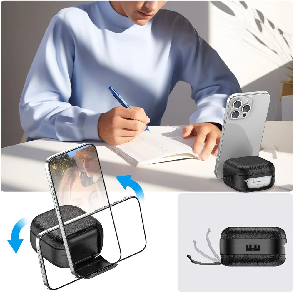 For Samsung Galaxy Buds4  /  Buds4 Pro Protective Case with Stand Litchi Texture TPU + PC Earphone Cover with Lock and Carabiner - Black - 3
