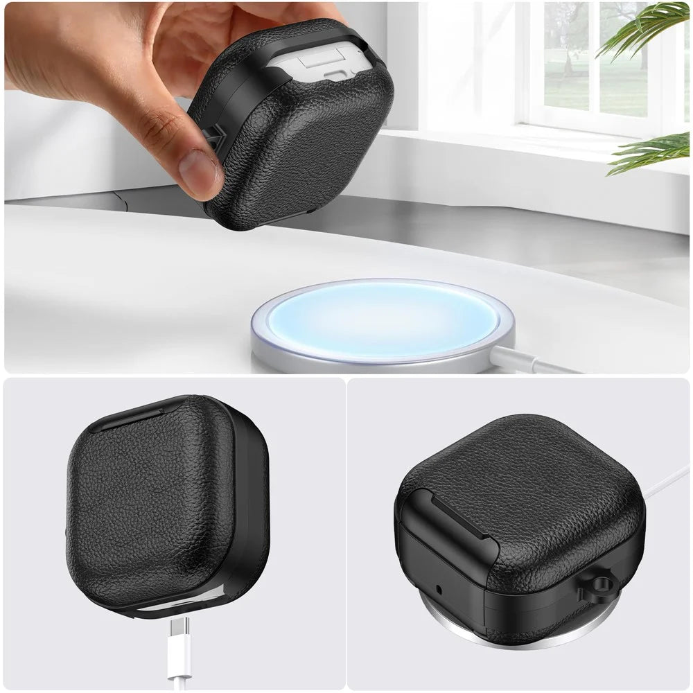 For Samsung Galaxy Buds4  /  Buds4 Pro Protective Case with Stand Litchi Texture TPU + PC Earphone Cover with Lock and Carabiner - Black - 4