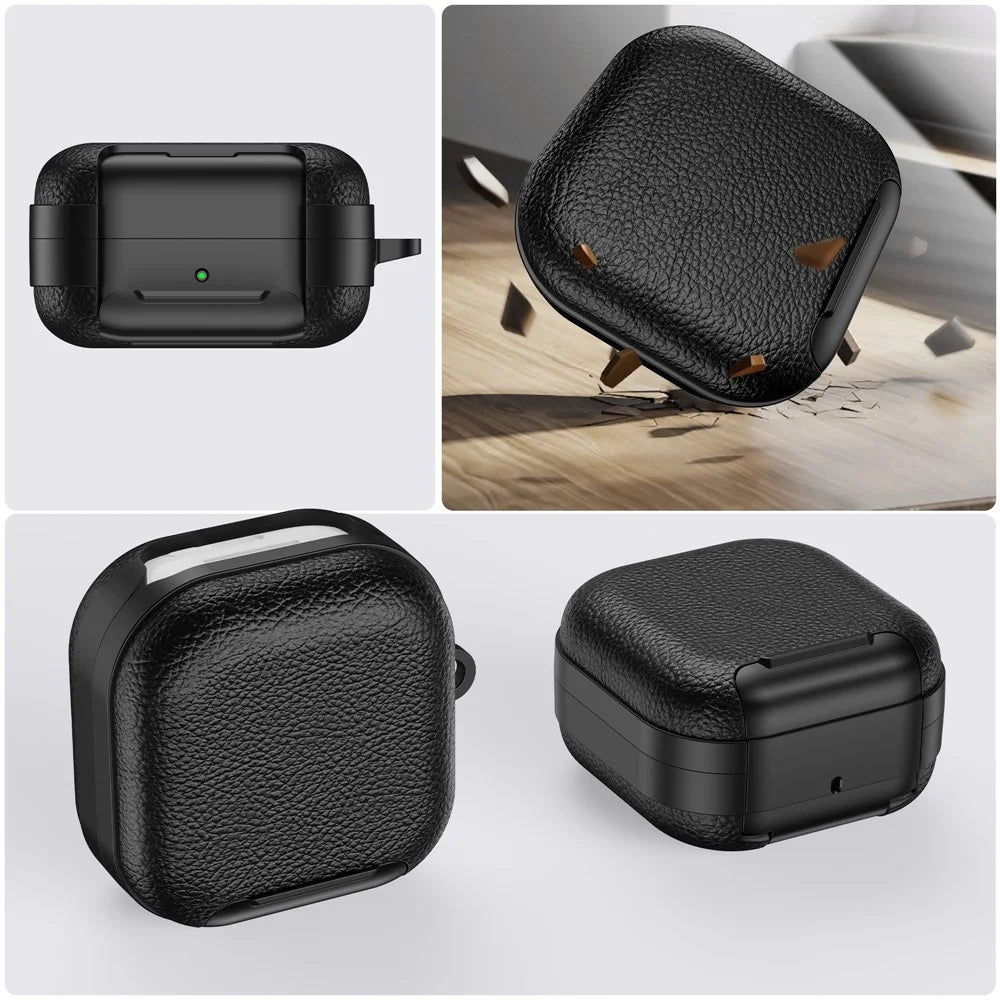 For Samsung Galaxy Buds4  /  Buds4 Pro Protective Case with Stand Litchi Texture TPU + PC Earphone Cover with Lock and Carabiner - Black - 5