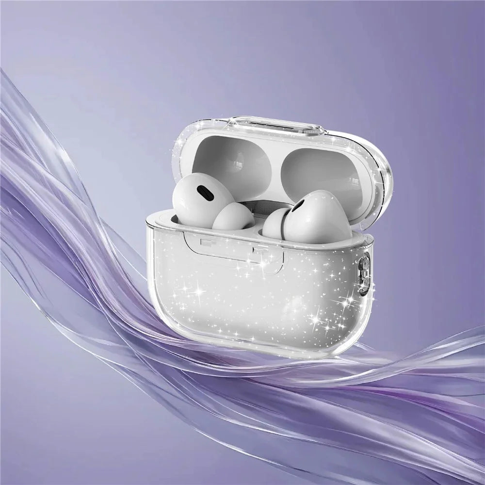 For AirPods Pro 2 Case Clear Gitter TPU PC Shockproof Earphone Cover with Lock Button - Glitter Transparent - 5