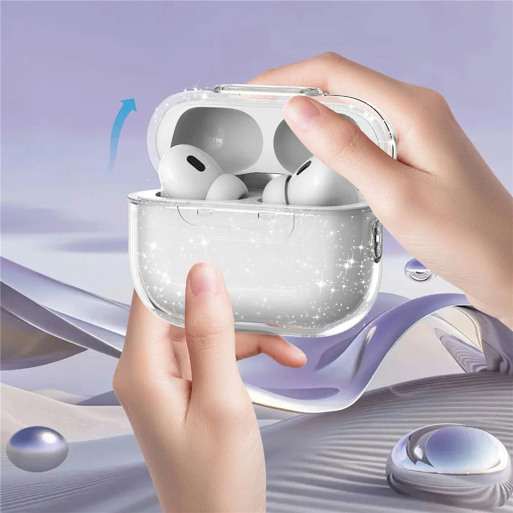 For AirPods Pro 3 Case Clear Gitter TPU PC Shockproof Earphone Cover with Lock Button - Glitter Transparent - 3