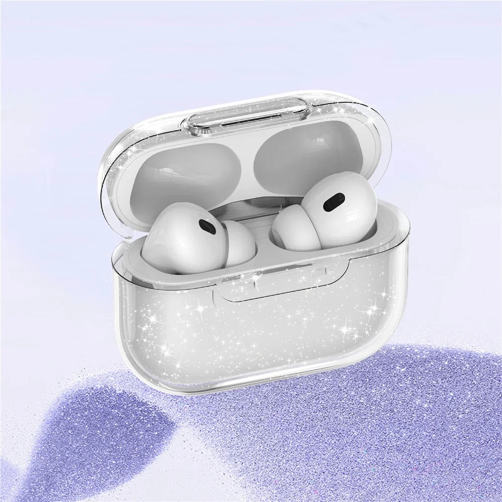 For AirPods Pro 3 Case Clear Gitter TPU PC Shockproof Earphone Cover with Lock Button - Glitter Transparent - 4
