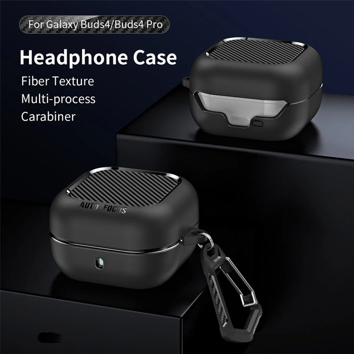 For Samsung Galaxy Buds4 / Buds4 Pro Case Carbon Fiber Texture TPU Earbuds Protective Cover with Hook - Black - 3