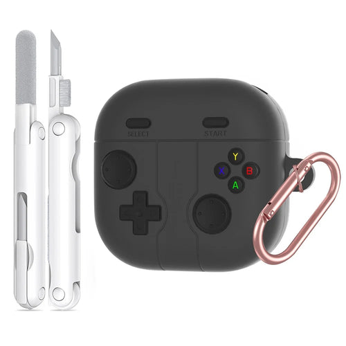 For Samsung Galaxy Buds4 / Buds4 Pro Silicone Case Retro Gamepad Style Earphone Protective Cover with Carabiner / Cleaning Pen - Dark Grey - 1