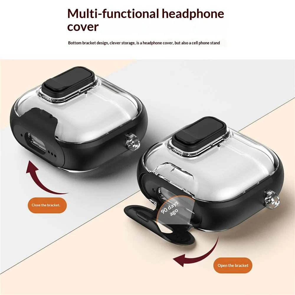 For Apple AirPods Pro 3 Case Phone Stand Holder TPU + PC Earphone Cover with Hanging Buckle - Black - 5