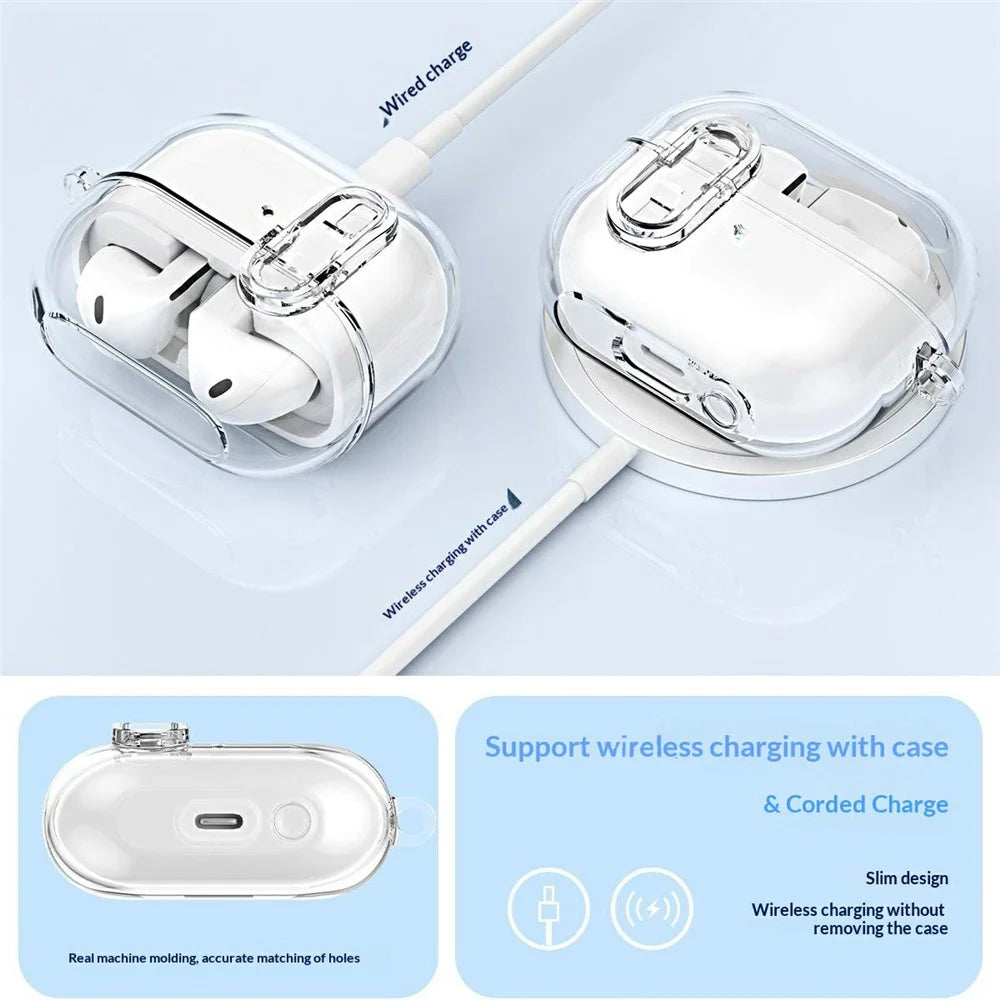 For Samsung Galaxy Buds3 / Buds3 Pro TPU Case Locking Button Clear Earphone Cover with Metal Buckle - Transparent - 3