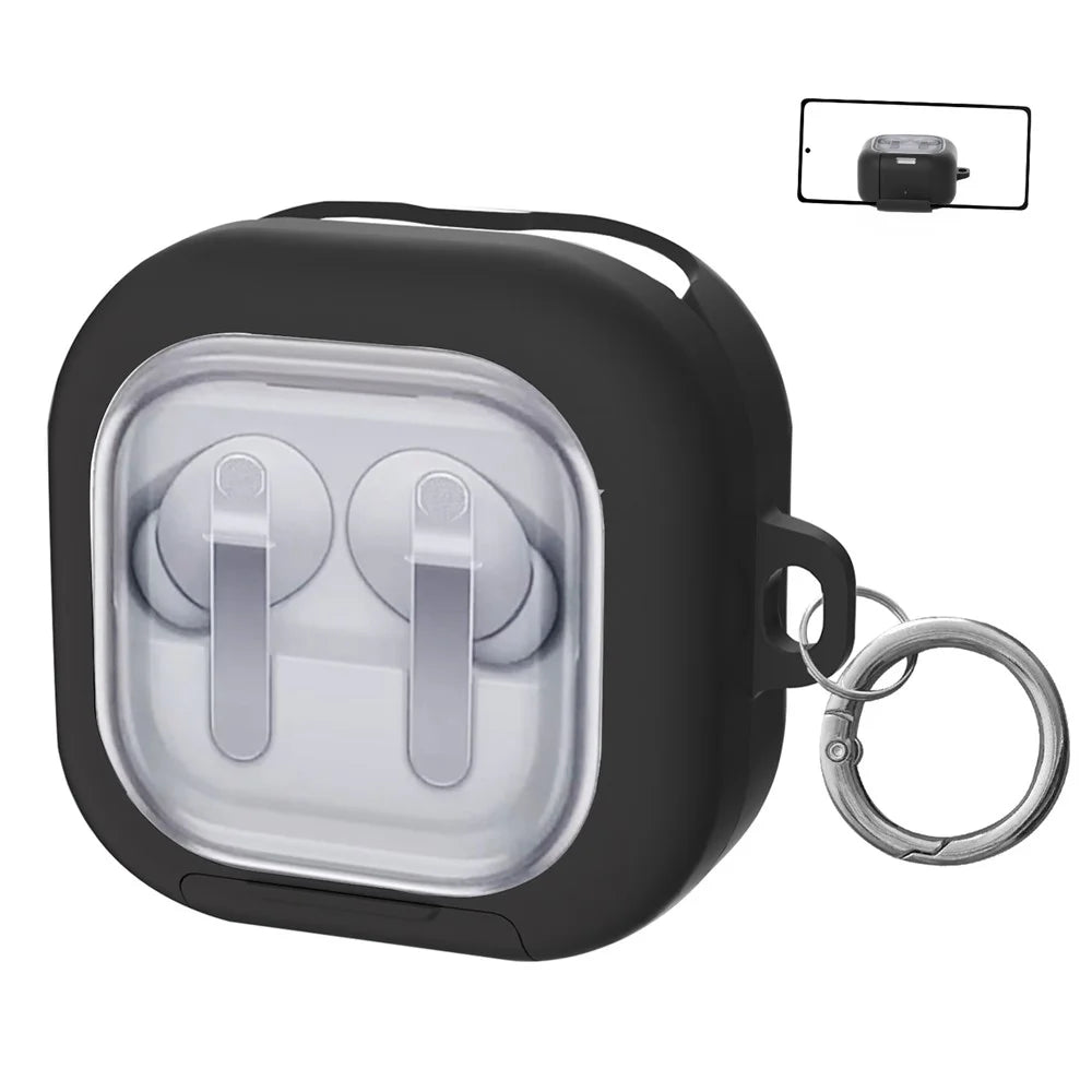 For Samsung Galaxy Buds4 / Buds4 Pro Case Phone Stand Clear PC Earphone Cover with Hanging Buckle - Black - 1