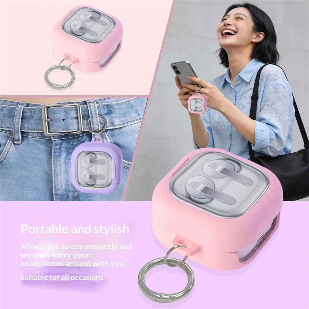 For Samsung Galaxy Buds4 / Buds4 Pro Case Phone Stand Clear PC Earphone Cover with Hanging Buckle - Black - 2