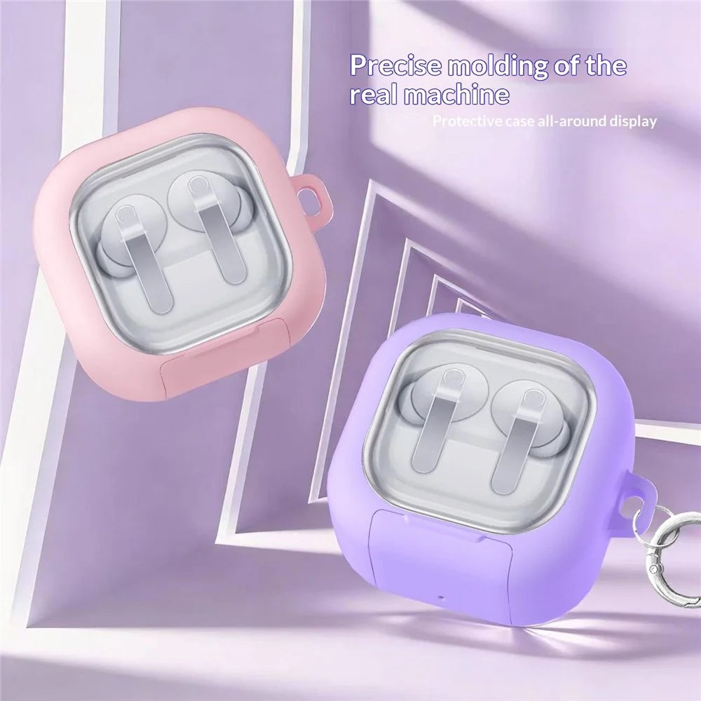 For Samsung Galaxy Buds4 / Buds4 Pro Case Phone Stand Clear PC Earphone Cover with Hanging Buckle - Black - 3