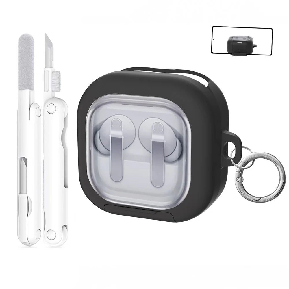 For Samsung Galaxy Buds4 / Buds4 Pro Case Phone Stand Clear PC Earphone Cover with Hanging Buckle / Cleaning Pen - Black - 1