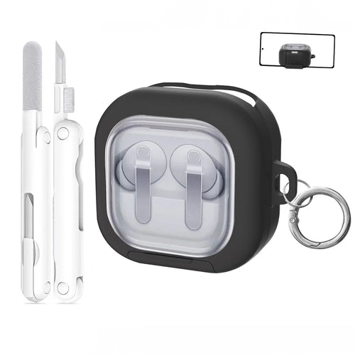 For Samsung Galaxy Buds4 / Buds4 Pro Case Phone Stand Clear PC Earphone Cover with Hanging Buckle / Cleaning Pen - Black - 1
