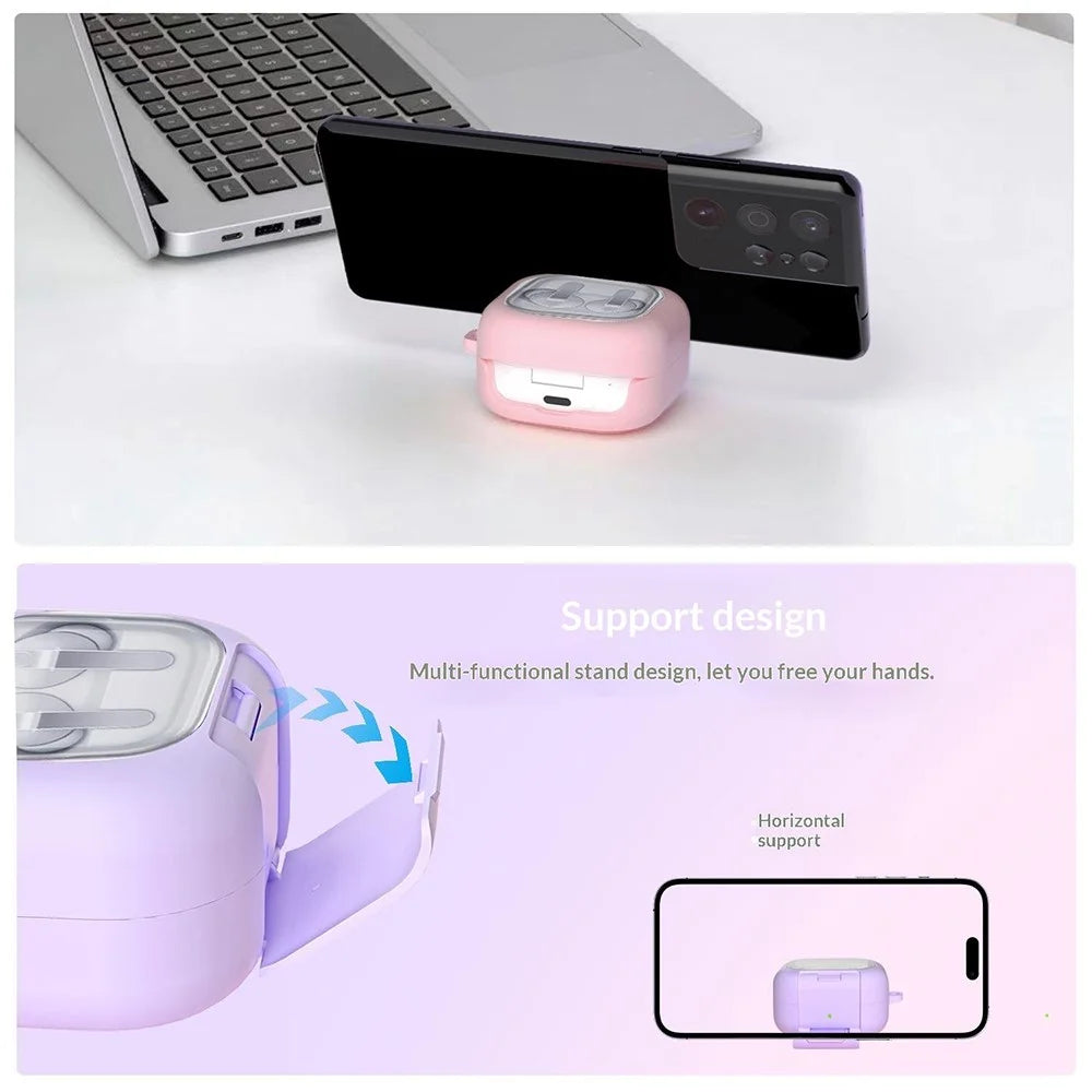 For Samsung Galaxy Buds4 / Buds4 Pro Case Phone Stand Clear PC Earphone Cover with Hanging Buckle / Cleaning Pen - Black - 4