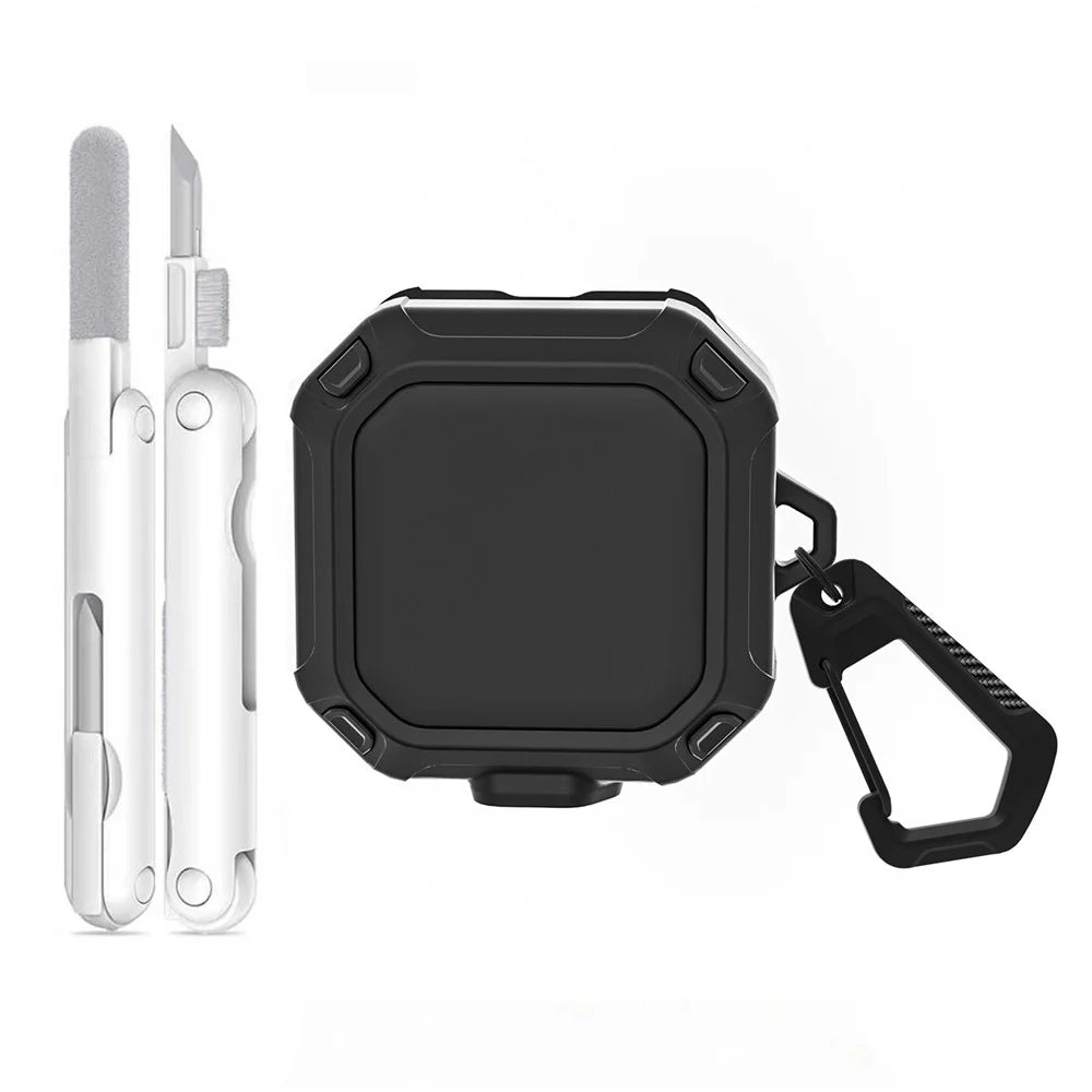 For Samsung Galaxy Buds4 / Buds4 Pro Armor Style Earphone Case with Cleaning Pen / Carabiner TPU PC Rugged Protective Cover - Black - 1