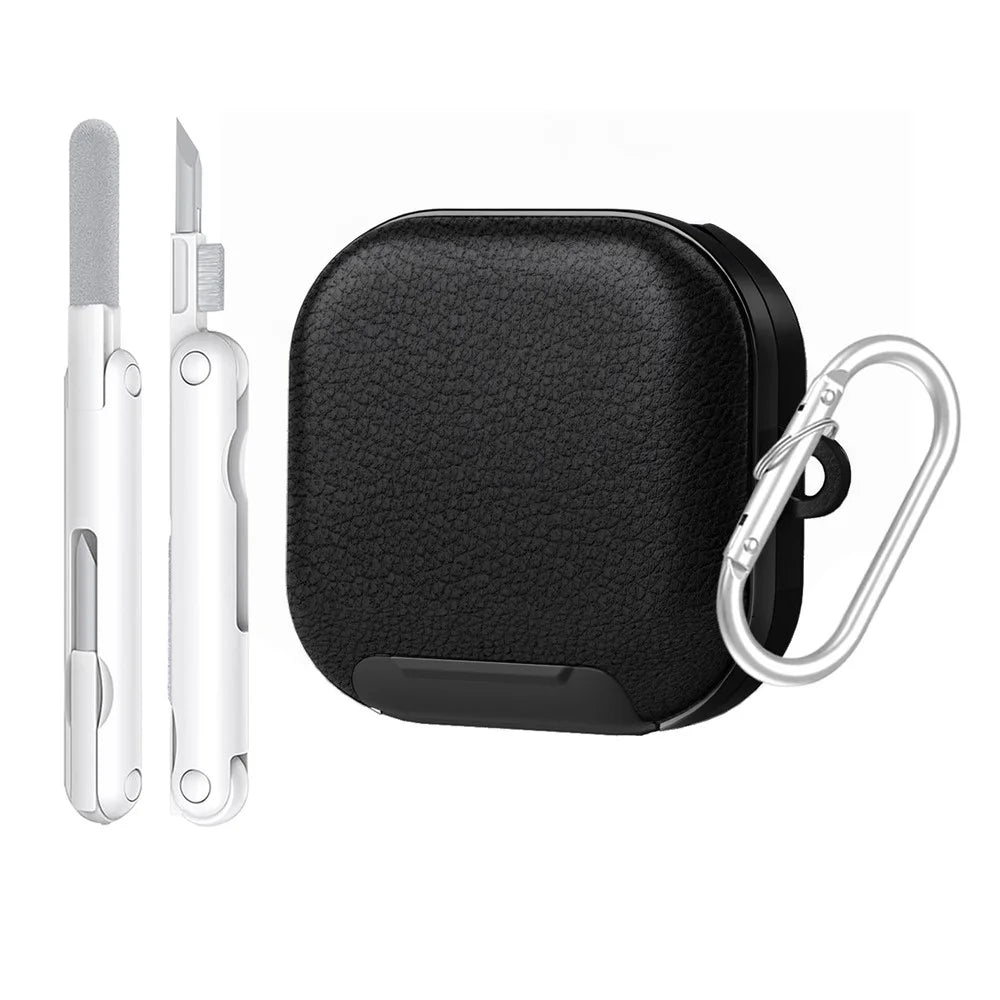 For Samsung Galaxy Buds4 / Buds4 Pro Case Phone Stand PU Leather PC TPU Earphone Cover with Hanging Hook / Cleaning Pen - Black - 1