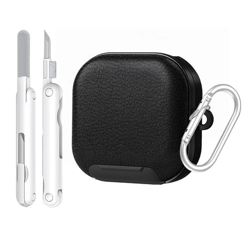 For Samsung Galaxy Buds4 / Buds4 Pro Case Phone Stand PU Leather PC TPU Earphone Cover with Hanging Hook / Cleaning Pen - Black - 1