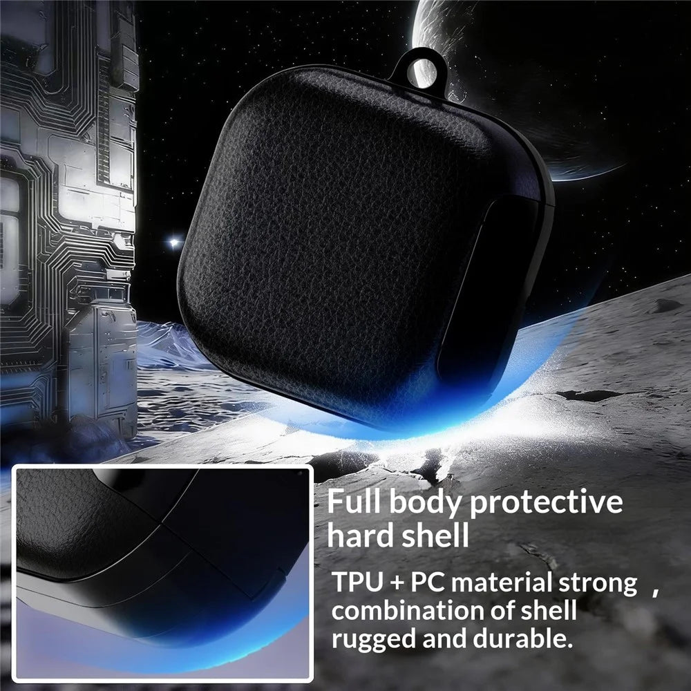 For Samsung Galaxy Buds4 / Buds4 Pro Case Phone Stand PU Leather PC TPU Earphone Cover with Hanging Hook / Cleaning Pen - Black - 4