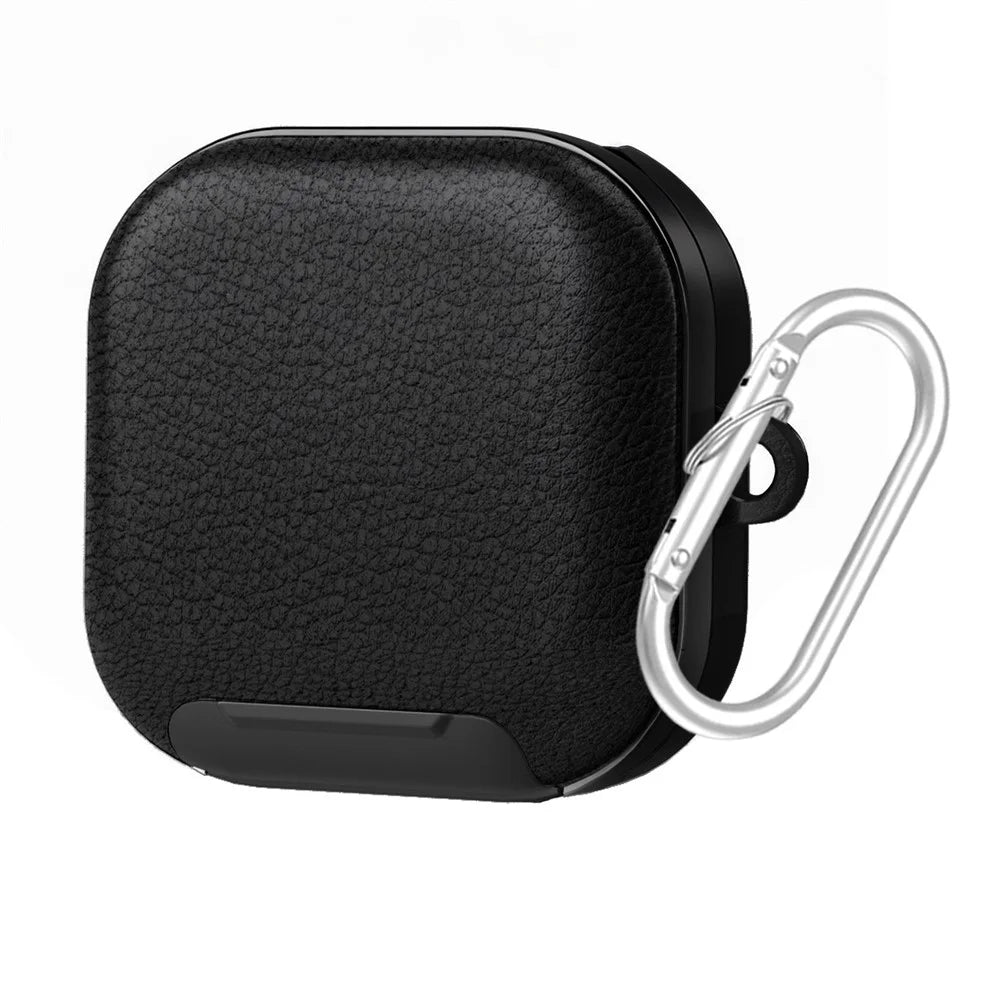 For Samsung Galaxy Buds4 / Buds4 Pro Case Phone Stand PU Leather PC TPU Earphone Cover with Hanging Hook - Black - 1