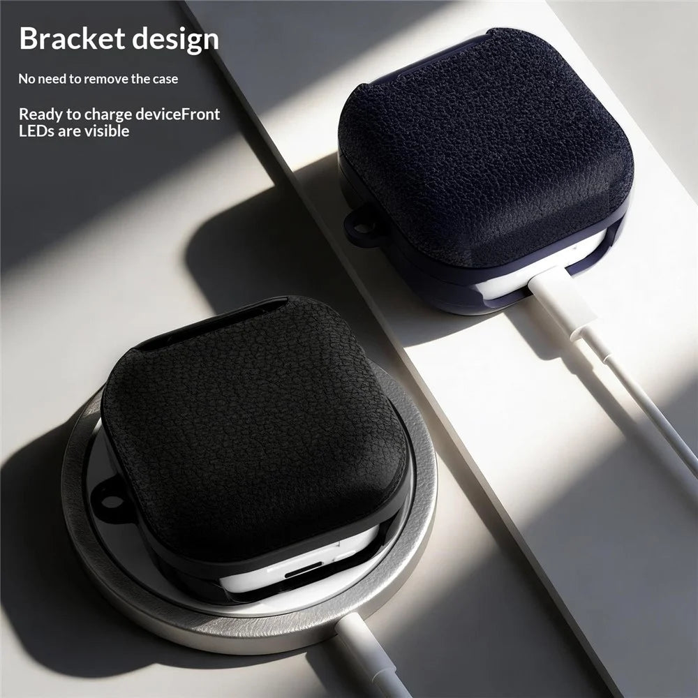 For Samsung Galaxy Buds4 / Buds4 Pro Case Phone Stand PU Leather PC TPU Earphone Cover with Hanging Hook - Black - 5