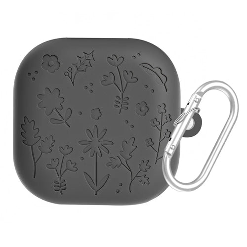 For Samsung Galaxy Buds4 / Buds4 Pro Silicone Case Floral Engraved Earphone Cover with Hanging Hook - Dark Grey - 1
