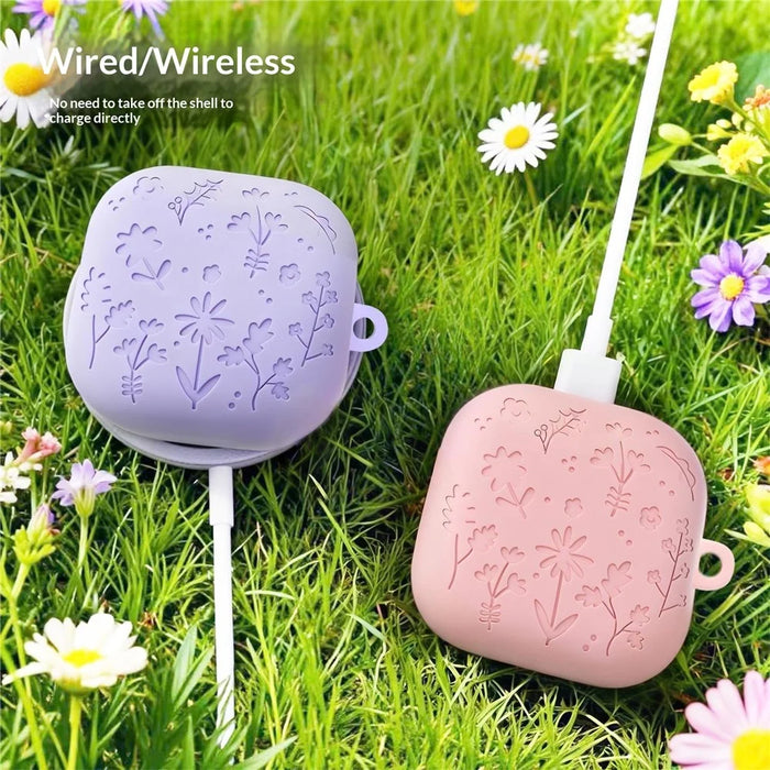 For Samsung Galaxy Buds4 / Buds4 Pro Silicone Case Floral Engraved Earphone Cover with Hanging Hook - Dark Grey - 4