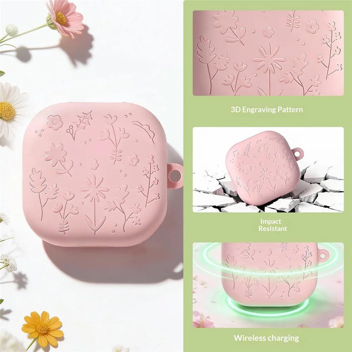 For Samsung Galaxy Buds4 / Buds4 Pro Silicone Case Floral Engraved Earphone Cover with Hanging Hook - Dark Grey - 5
