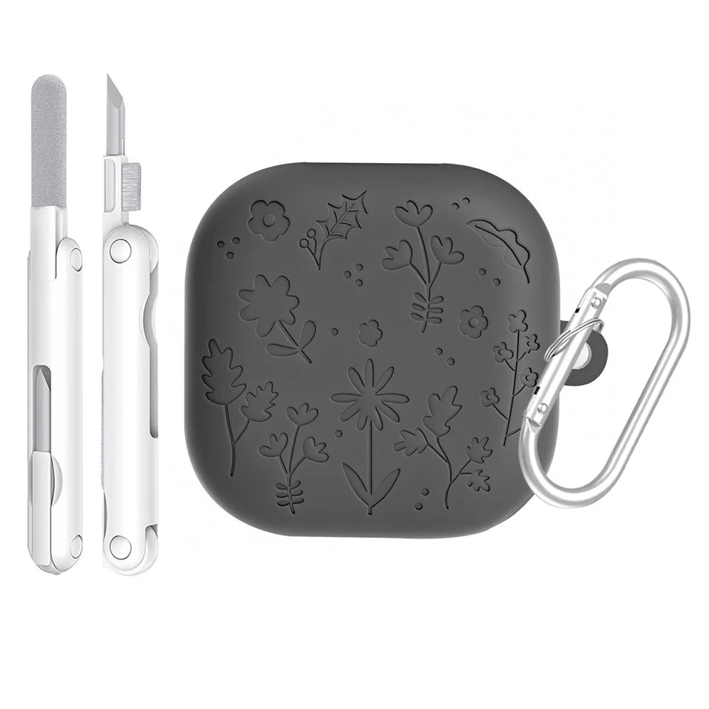 For Samsung Galaxy Buds4 / Buds4 Pro Silicone Case Floral Engraved Earphone Cover with Hanging Hook / Cleaning Pen - Dark Grey - 1