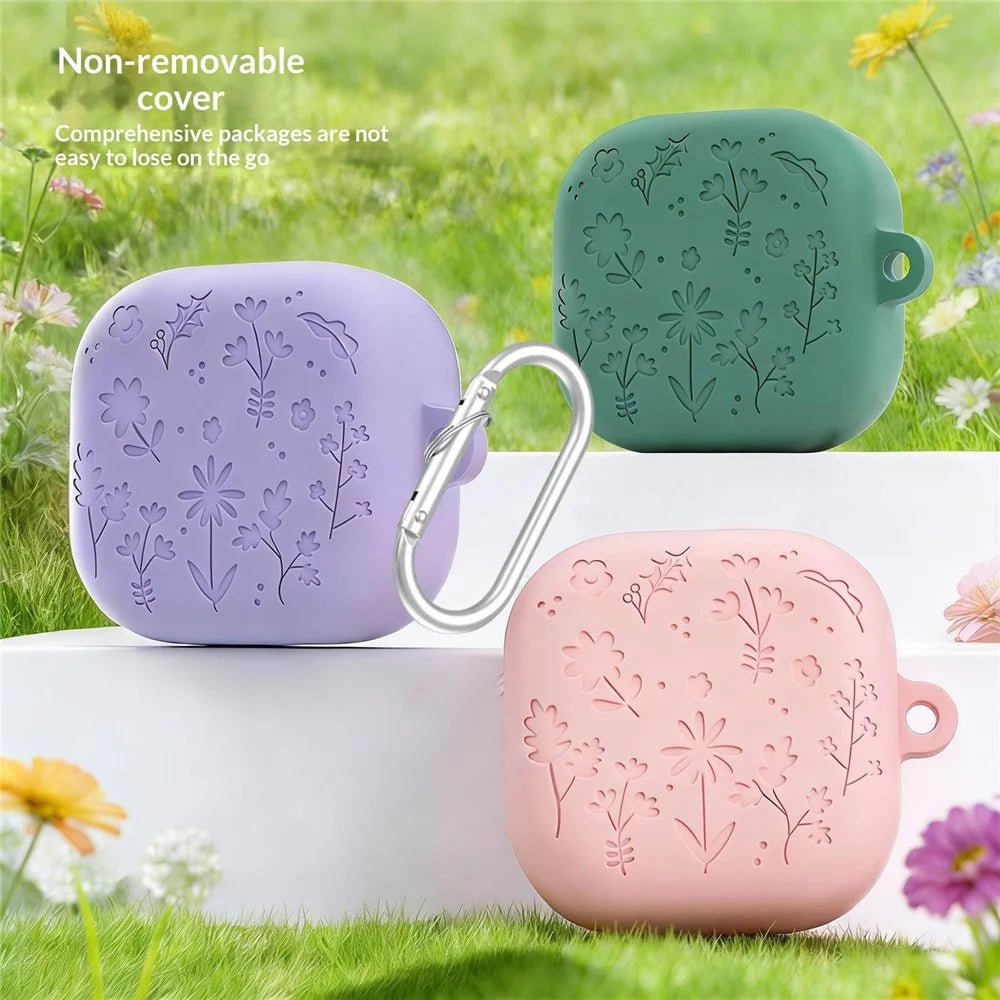 For Samsung Galaxy Buds4 / Buds4 Pro Silicone Case Floral Engraved Earphone Cover with Hanging Hook / Cleaning Pen - Dark Grey - 2