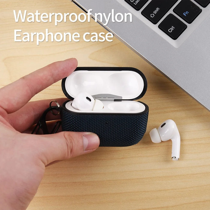 For Apple AirPods Pro 2 Case Waterproof Nylon Earphone Cover with Hanging Buckle - Dark Blue - 3