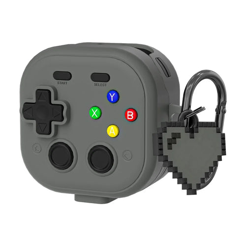 For Samsung Galaxy Buds4  /  Buds4 Pro Case with Hanging Buckle  /  Heart Pendant, Gaming Controller Style TPU + PC Earphone Cover - Grey - 1