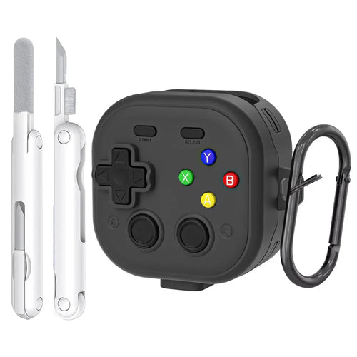 For Samsung Galaxy Buds4  /  Buds4 Pro Case with Hanging Buckle  /  Cleaning Pen, Gaming Controller Style TPU + PC Earphone Cover - Black - 1
