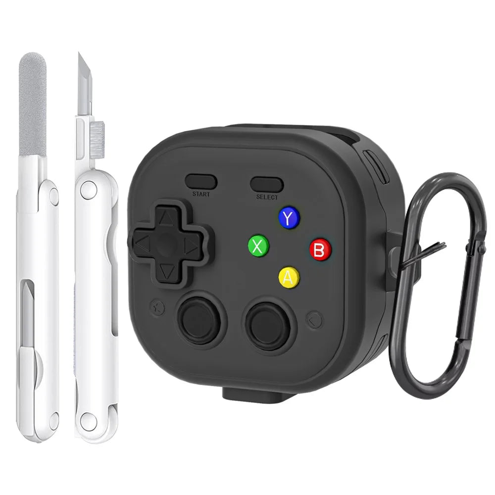 For Samsung Galaxy Buds4  /  Buds4 Pro Case with Hanging Buckle  /  Cleaning Pen, Gaming Controller Style TPU + PC Earphone Cover - Black - 1