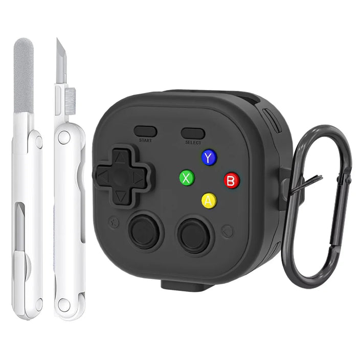 For Samsung Galaxy Buds4  /  Buds4 Pro Case with Hanging Buckle  /  Cleaning Pen, Gaming Controller Style TPU + PC Earphone Cover - Black - 1